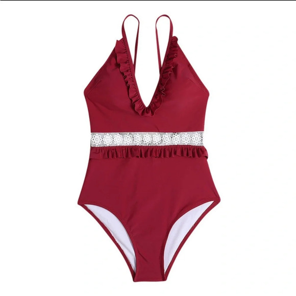 ✨NWT Cupshe Red Wine Ruffle Lace Crochet One Piece Monokini Swimsuit Size Medium - Picture 11 of 11